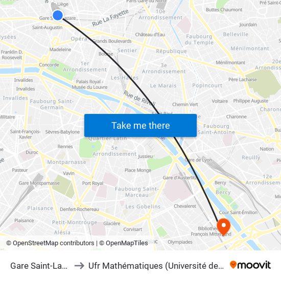 Gare Saint-Lazare to Ufr Mathématiques (Université de Paris) map