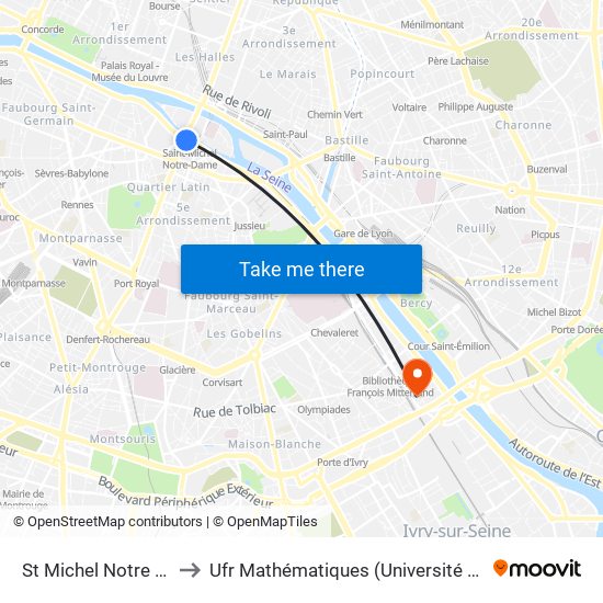 St Michel Notre Dame to Ufr Mathématiques (Université de Paris) map