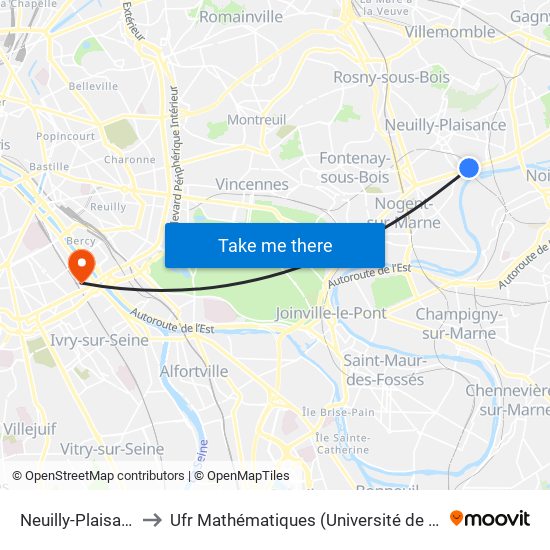 Neuilly-Plaisance to Ufr Mathématiques (Université de Paris) map