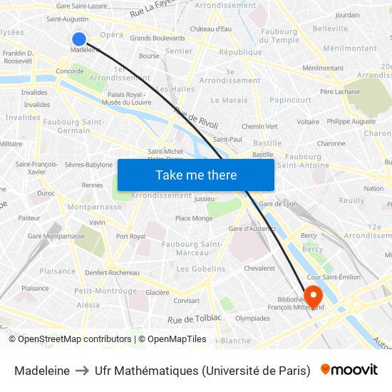 Madeleine to Ufr Mathématiques (Université de Paris) map