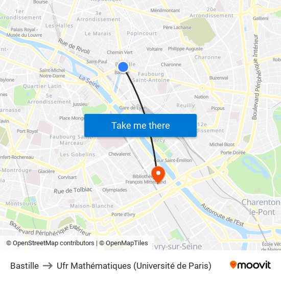 Bastille to Ufr Mathématiques (Université de Paris) map