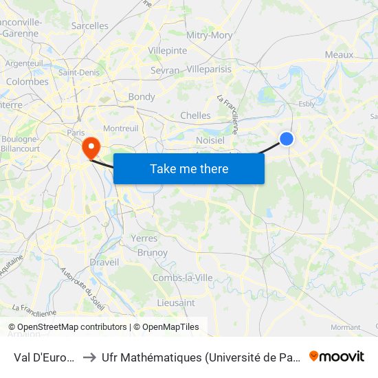 Val D'Europe to Ufr Mathématiques (Université de Paris) map