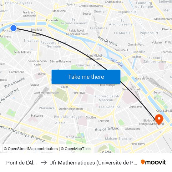 Pont de L'Alma to Ufr Mathématiques (Université de Paris) map