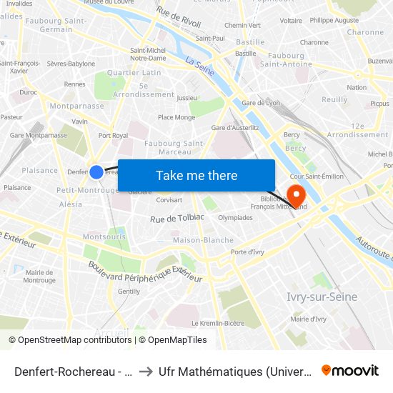 Denfert-Rochereau - Métro-Rer to Ufr Mathématiques (Université de Paris) map