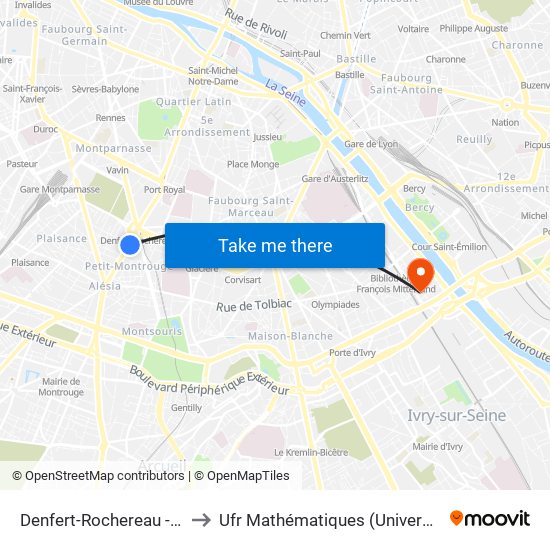 Denfert-Rochereau - Daguerre to Ufr Mathématiques (Université de Paris) map