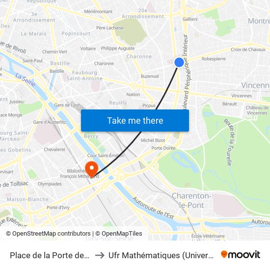 Place de la Porte de Montreuil to Ufr Mathématiques (Université de Paris) map