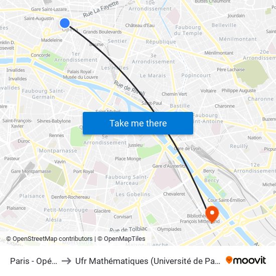 Paris - Opéra to Ufr Mathématiques (Université de Paris) map