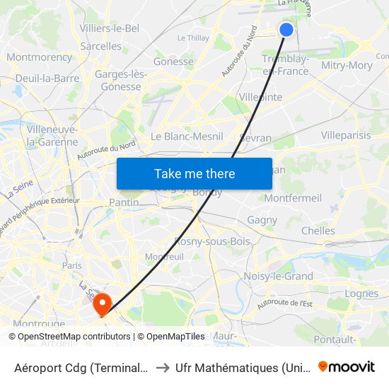 Aéroport Cdg (Terminal 3 – Roissypôle) to Ufr Mathématiques (Université de Paris) map