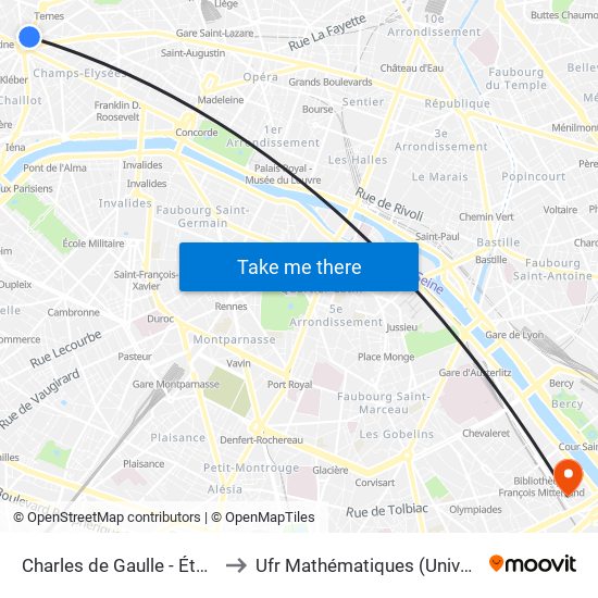 Charles de Gaulle - Étoile - Wagram to Ufr Mathématiques (Université de Paris) map