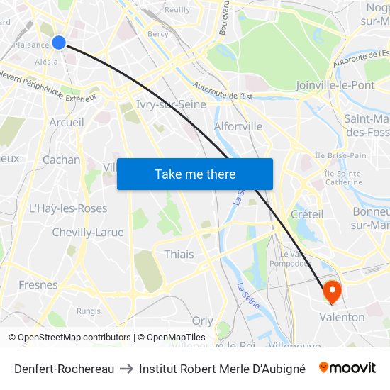 Denfert-Rochereau to Institut Robert Merle D'Aubigné map