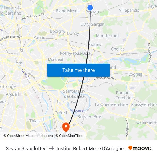 Sevran Beaudottes to Institut Robert Merle D'Aubigné map