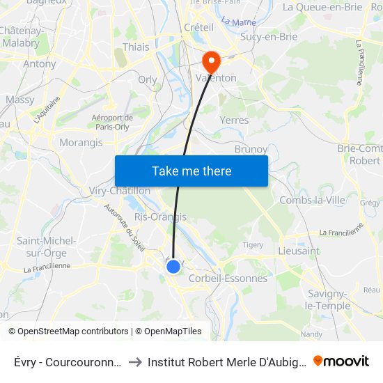 Évry - Courcouronnes to Institut Robert Merle D'Aubigné map