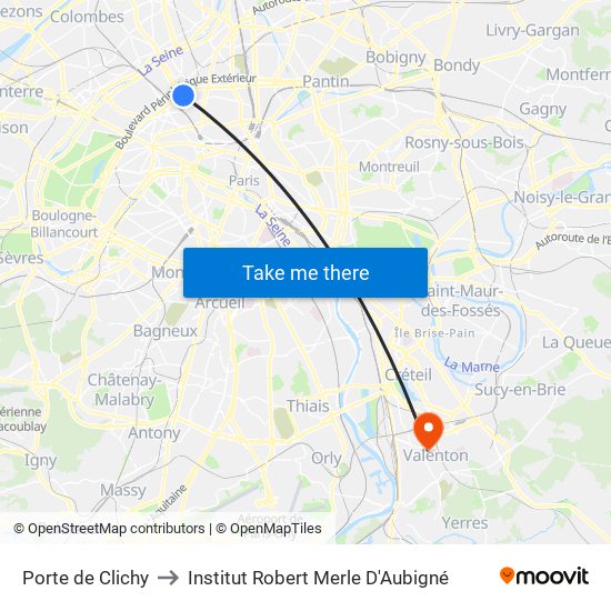 Porte de Clichy to Institut Robert Merle D'Aubigné map