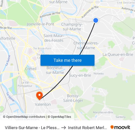 Villiers-Sur-Marne - Le Plessis-Trévise RER to Institut Robert Merle D'Aubigné map
