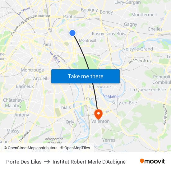 Porte Des Lilas to Institut Robert Merle D'Aubigné map