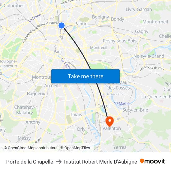 Porte de la Chapelle to Institut Robert Merle D'Aubigné map