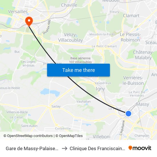 Gare de Massy-Palaiseau to Clinique Des Franciscaines map