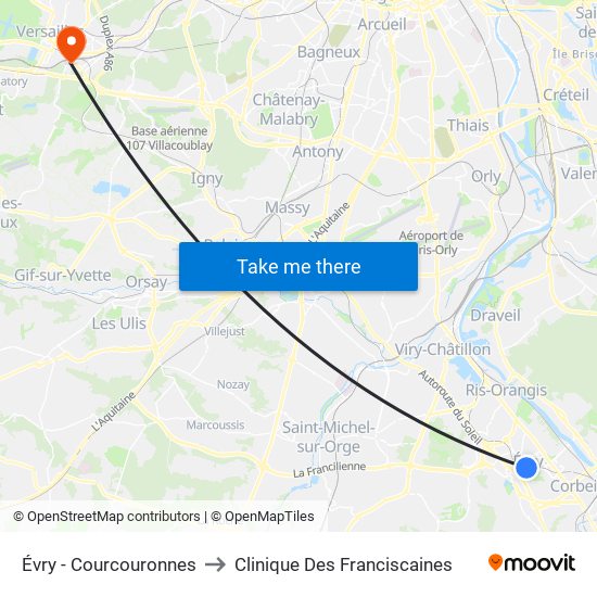 Évry - Courcouronnes to Clinique Des Franciscaines map