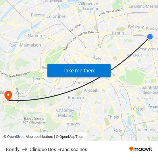 Bondy to Clinique Des Franciscaines map