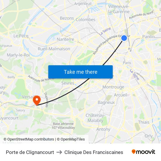 Porte de Clignancourt to Clinique Des Franciscaines map