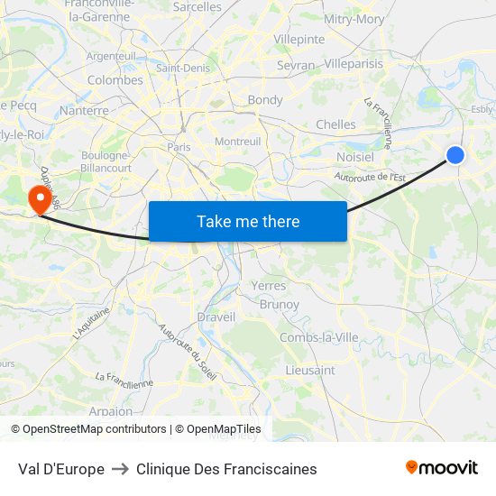 Val D'Europe to Clinique Des Franciscaines map