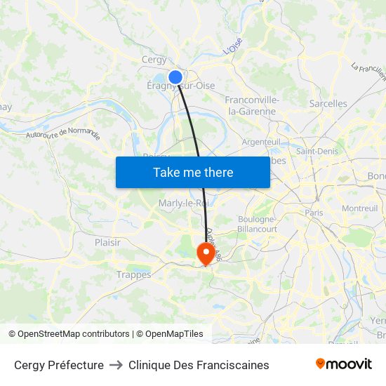 Cergy Préfecture to Clinique Des Franciscaines map