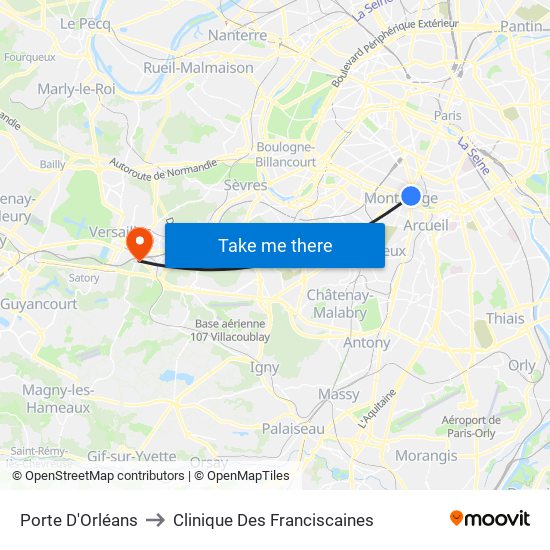 Porte D'Orléans to Clinique Des Franciscaines map