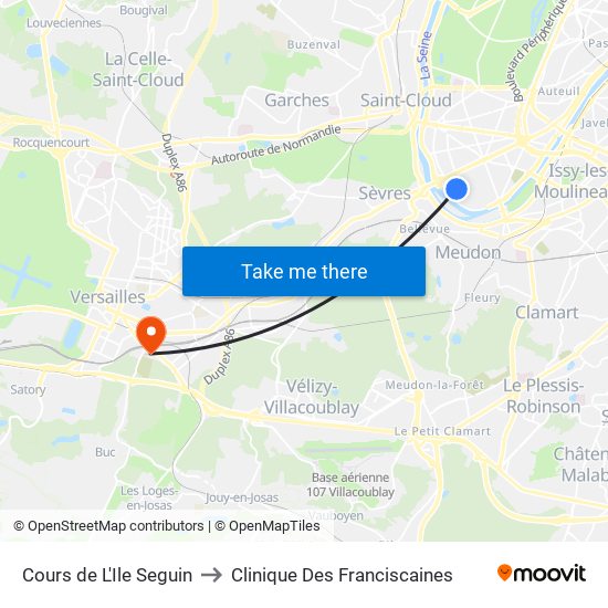 Cours de L'Ile Seguin to Clinique Des Franciscaines map