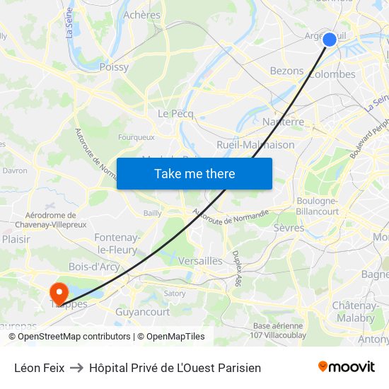 Léon Feix to Hôpital Privé de L'Ouest Parisien map