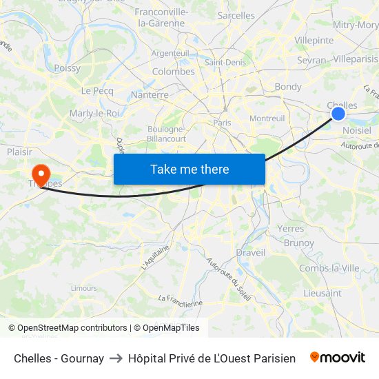 Chelles - Gournay to Hôpital Privé de L'Ouest Parisien map