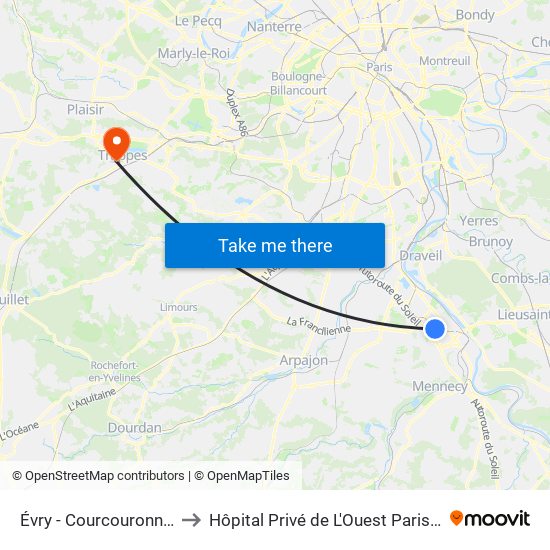 Évry - Courcouronnes to Hôpital Privé de L'Ouest Parisien map