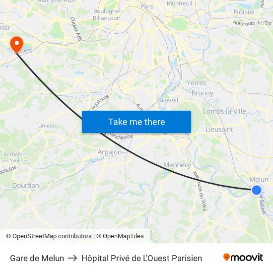 Gare de Melun to Hôpital Privé de L'Ouest Parisien map