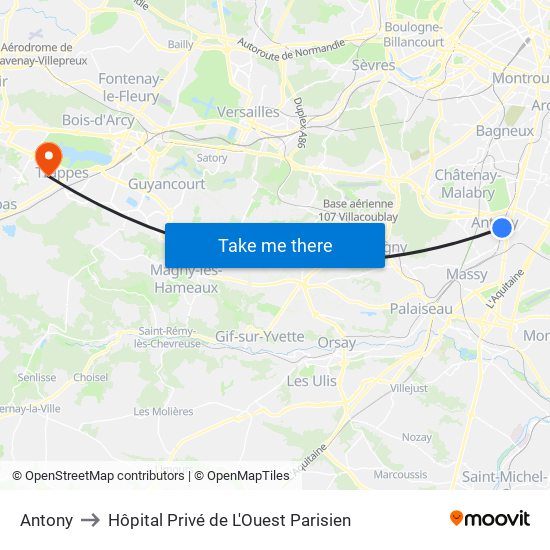 Antony to Hôpital Privé de L'Ouest Parisien map