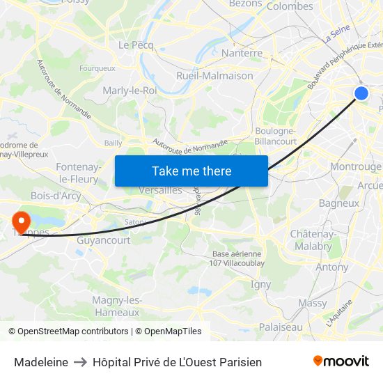 Madeleine to Hôpital Privé de L'Ouest Parisien map