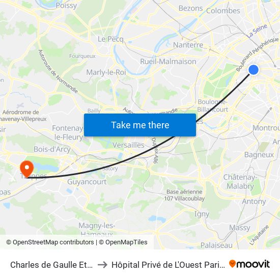 Charles de Gaulle Etoile to Hôpital Privé de L'Ouest Parisien map