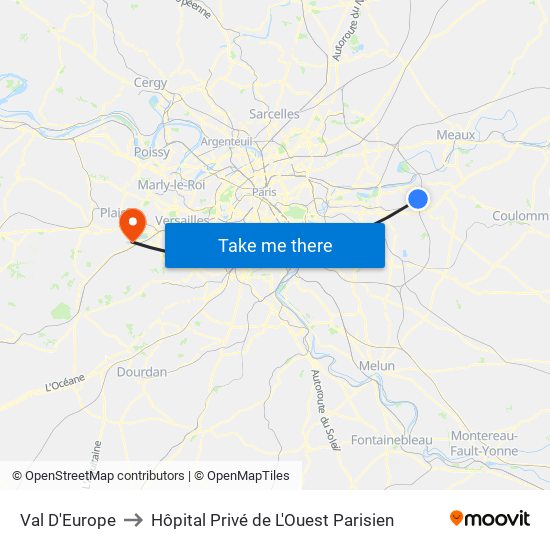 Val D'Europe to Hôpital Privé de L'Ouest Parisien map
