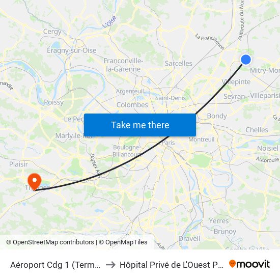 Aéroport Cdg 1 (Terminal 3) to Hôpital Privé de L'Ouest Parisien map