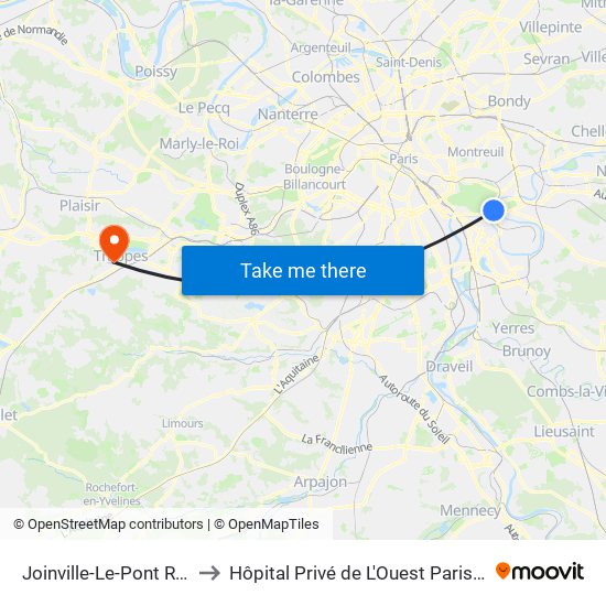 Joinville-Le-Pont RER to Hôpital Privé de L'Ouest Parisien map