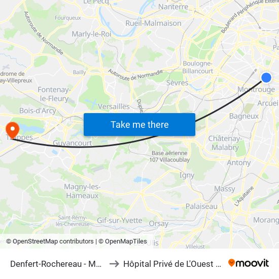 Denfert-Rochereau - Métro-Rer to Hôpital Privé de L'Ouest Parisien map