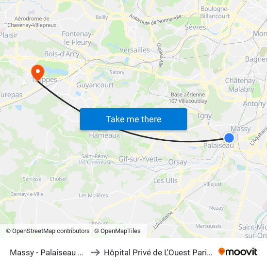 Massy - Palaiseau RER to Hôpital Privé de L'Ouest Parisien map