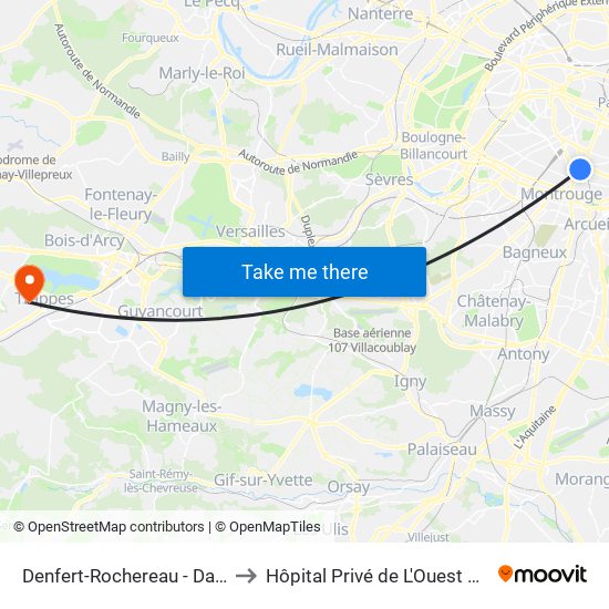 Denfert-Rochereau - Daguerre to Hôpital Privé de L'Ouest Parisien map