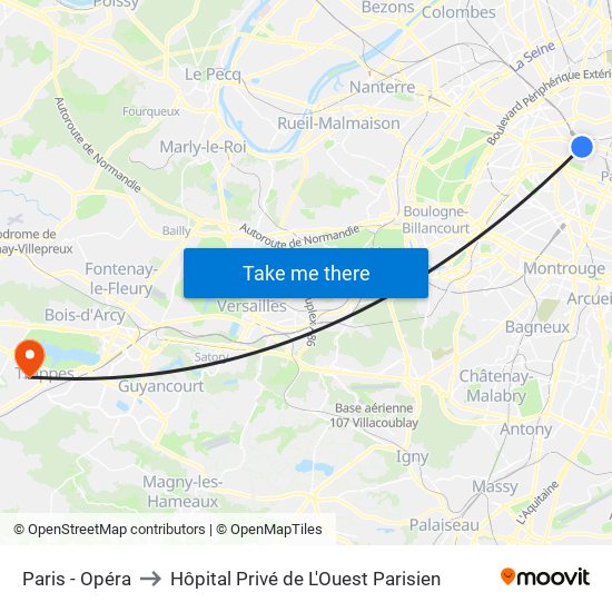 Paris - Opéra to Hôpital Privé de L'Ouest Parisien map