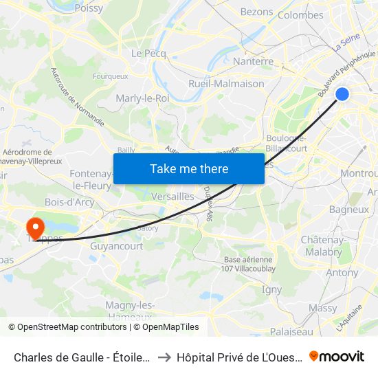 Charles de Gaulle - Étoile - Wagram to Hôpital Privé de L'Ouest Parisien map