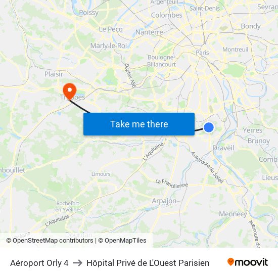 Aéroport Orly 4 to Hôpital Privé de L'Ouest Parisien map