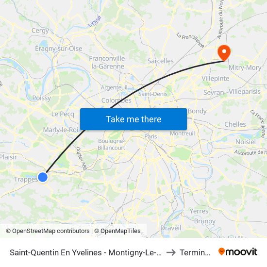 Saint-Quentin En Yvelines - Montigny-Le-Bretonneux to Terminal 2a map