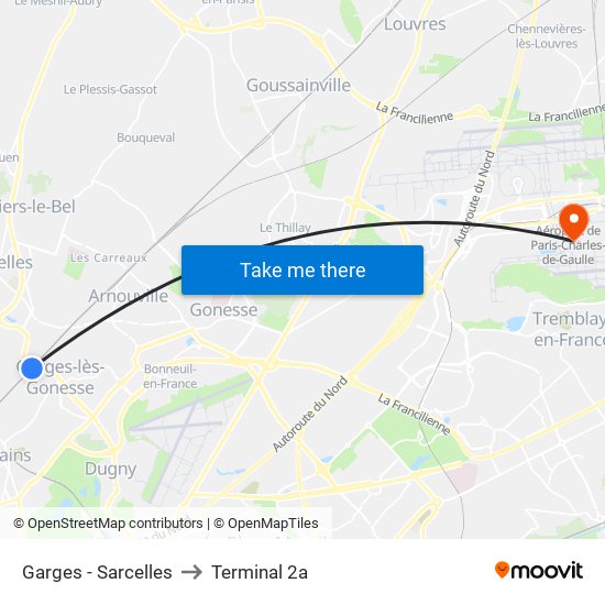 Garges - Sarcelles to Terminal 2a map