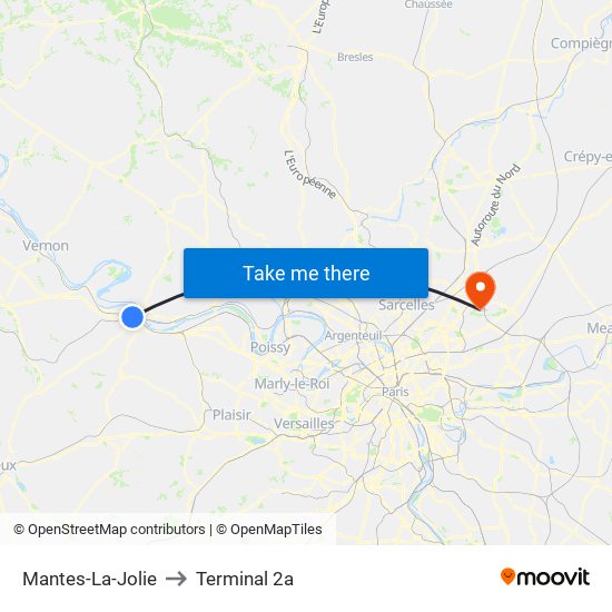 Mantes-La-Jolie to Terminal 2a map