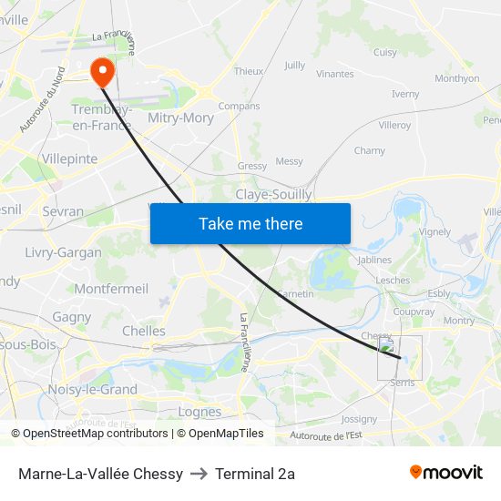 Marne-La-Vallée Chessy to Terminal 2a map