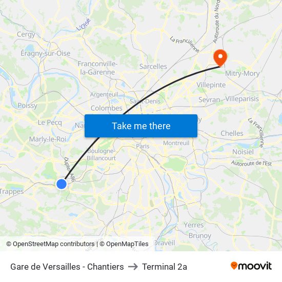 Gare de Versailles - Chantiers to Terminal 2a map