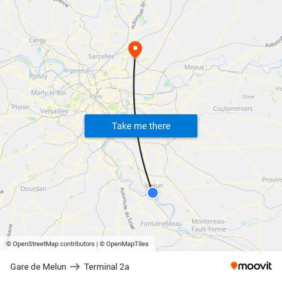 Gare de Melun to Terminal 2a map